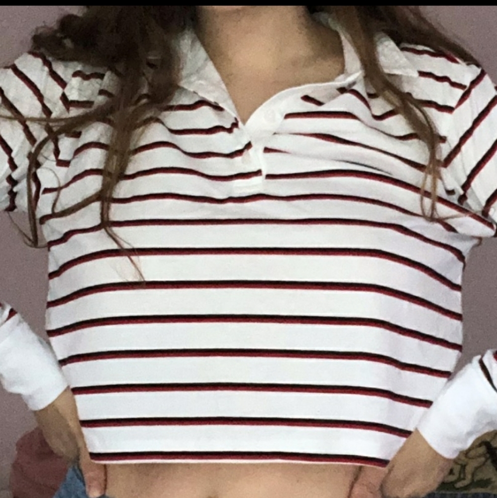 F21 Cropped Long Sleeve Striped Polo Shirt